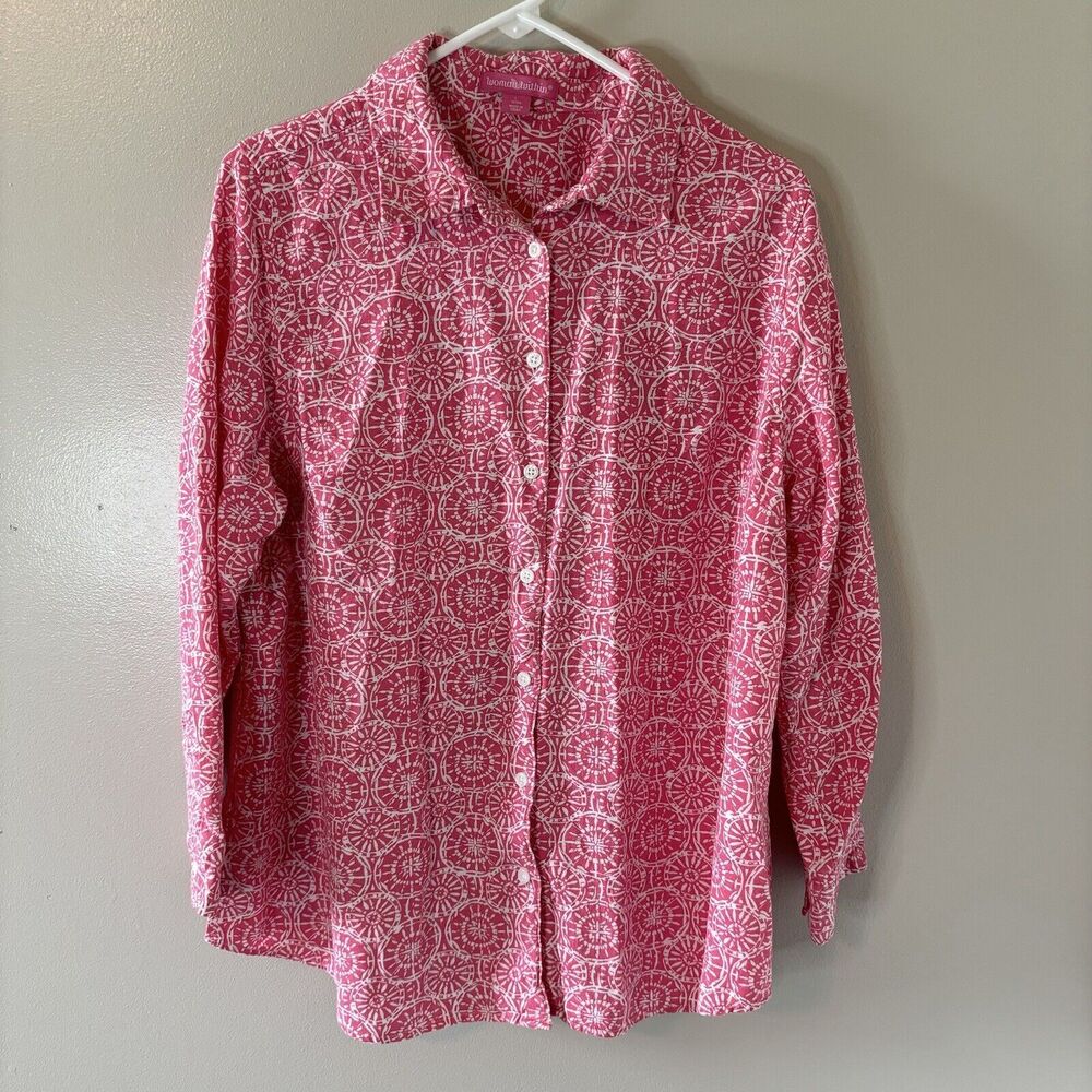 Woman Within Linen Blend Pink Geometric Blouse Button Up Top Sz Large 18…